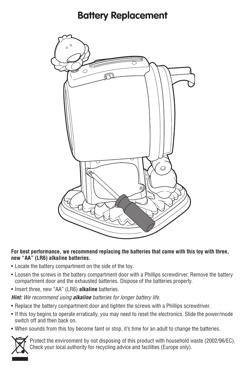 Battery replacement | Fisher-Price P2680 User Manual | Page 2 / 5