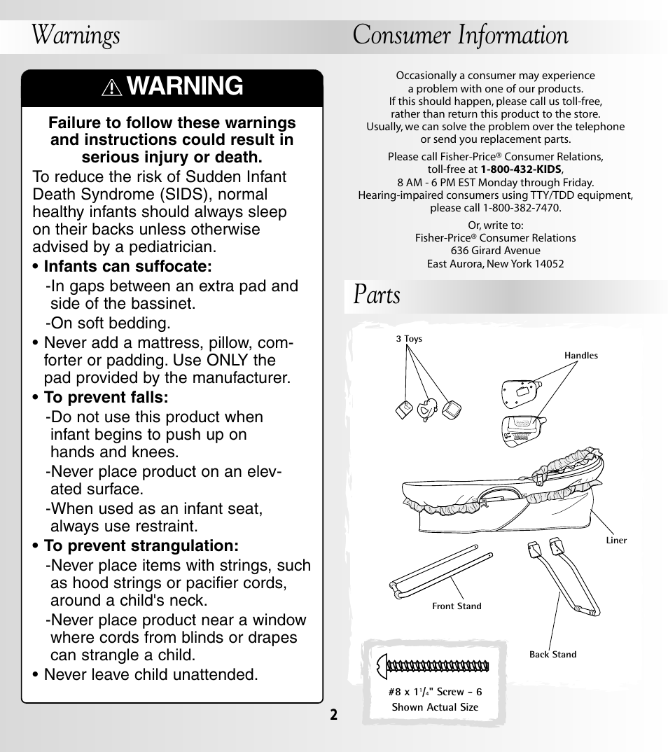 Warnings consumer information, Parts, Warning | Fisher-Price COZY TIME 79658 User Manual | Page 2 / 12