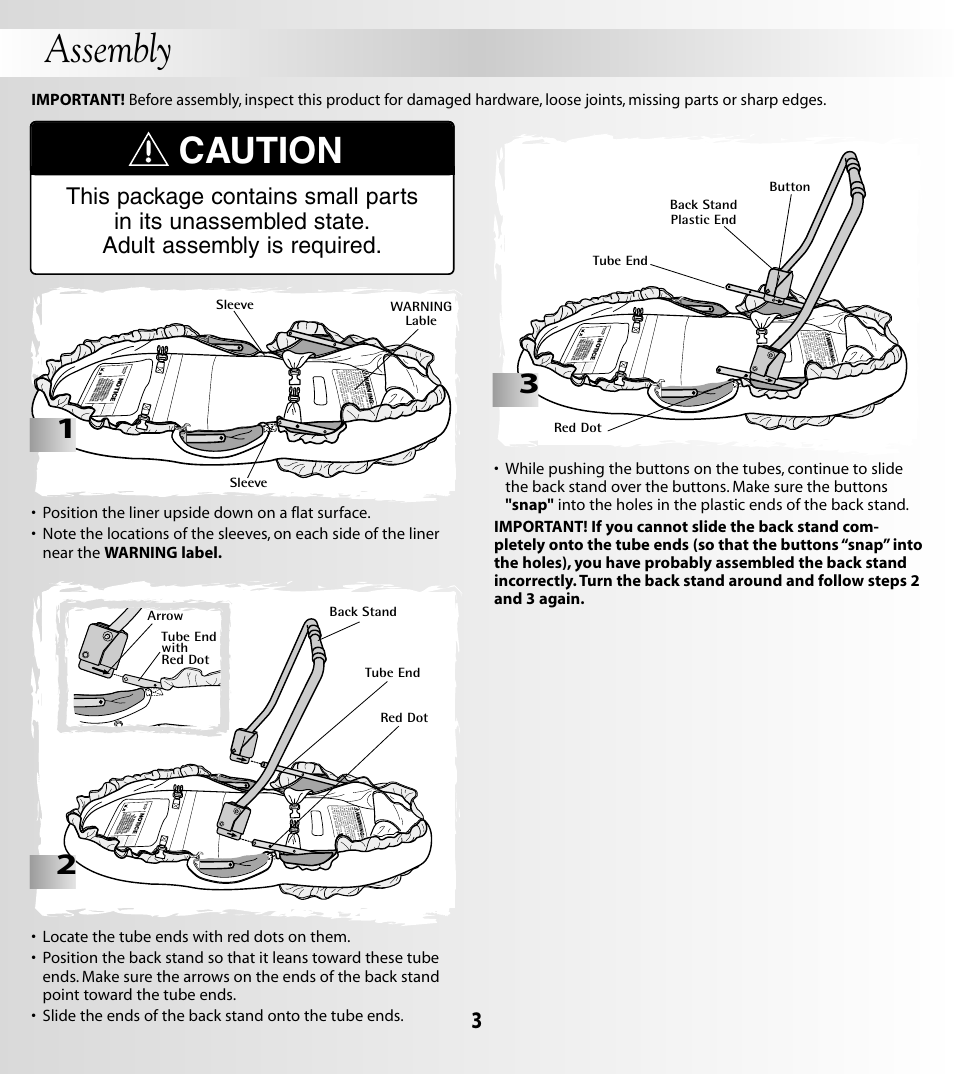 Assembly, Caution, Sleeve warning lable sleeve | Back stand tube end red dot, Arrow tube end with red dot, Tube end back stand plastic end button red dot | Fisher-Price COZY TIME 79658 User Manual | Page 3 / 12