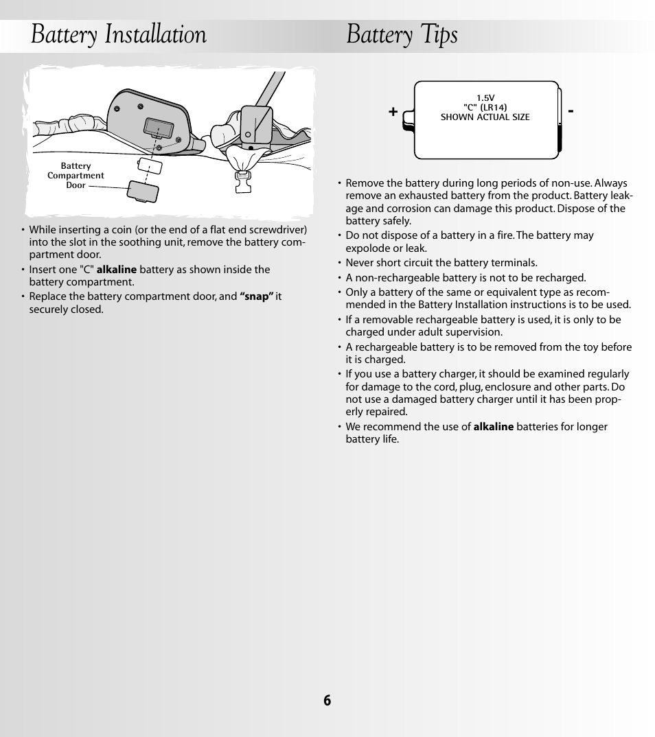 Battery installation battery tips | Fisher-Price COZY TIME 79658 User Manual | Page 6 / 12