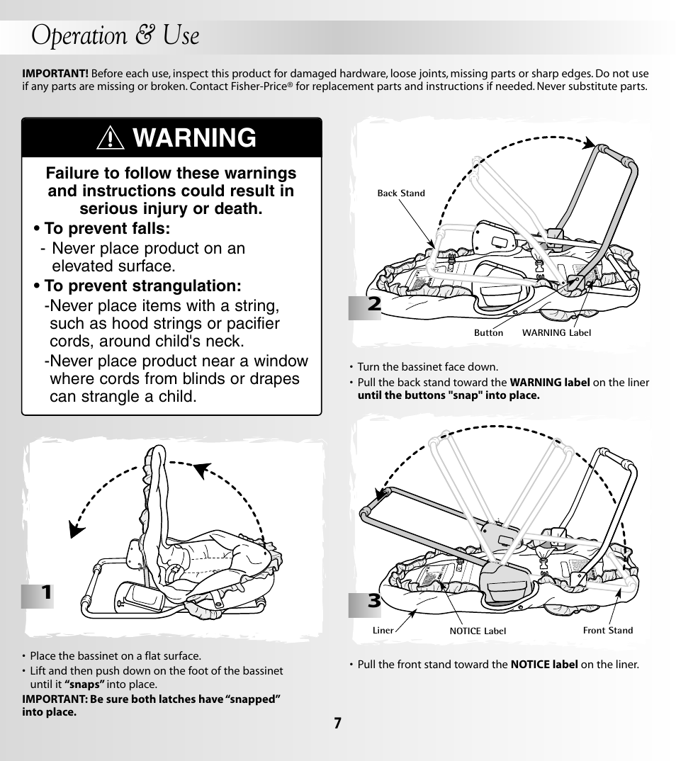 Operation & use, Warning | Fisher-Price COZY TIME 79658 User Manual | Page 7 / 12