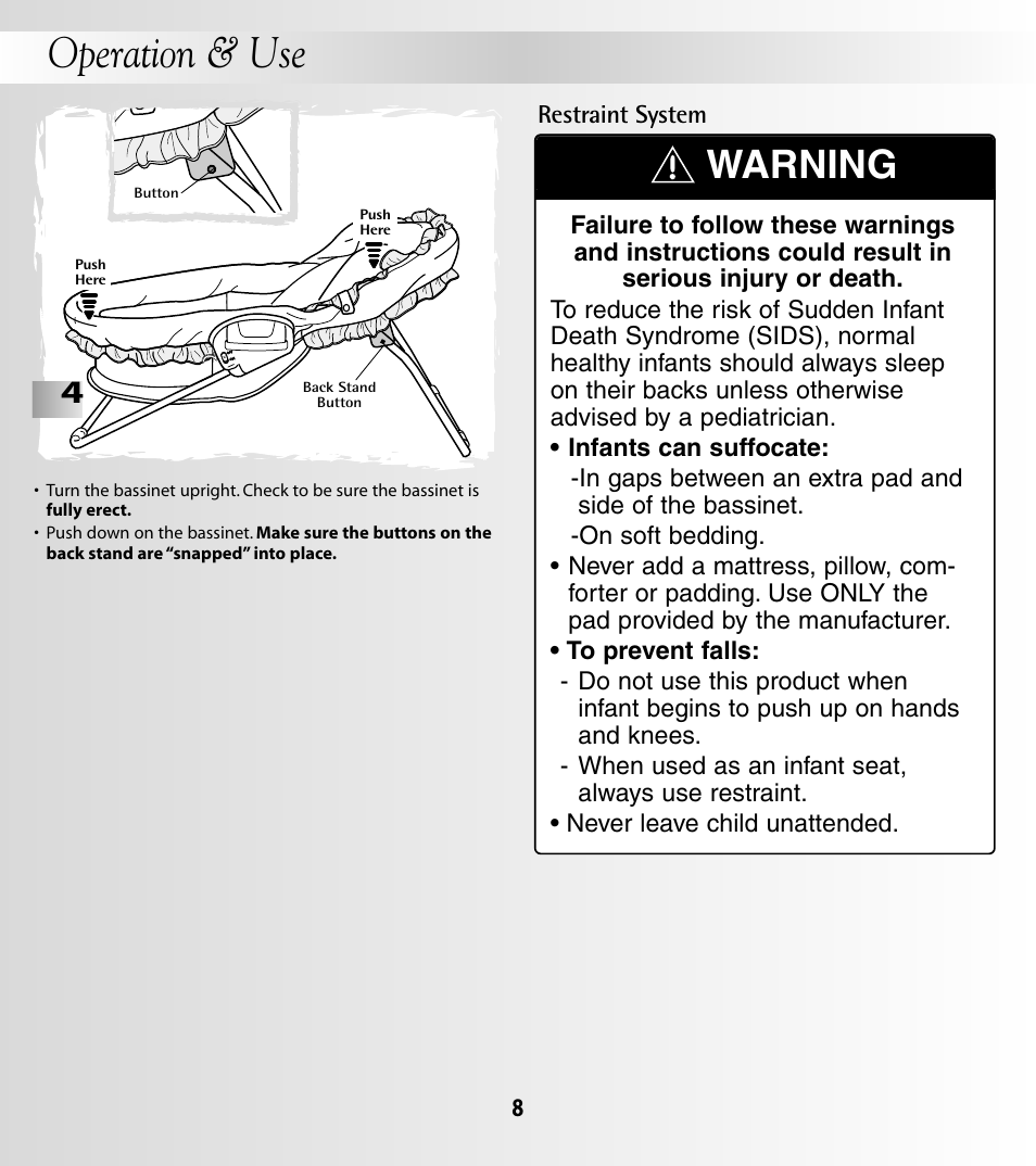 Operation & use, Warning | Fisher-Price COZY TIME 79658 User Manual | Page 8 / 12
