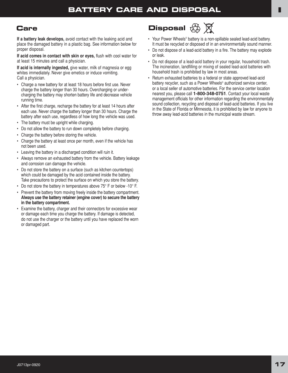 Battery care and disposal, Care, Disposal | Fisher-Price JEEP LIL WRANGLER 4X4 J0713 User Manual | Page 17 / 24