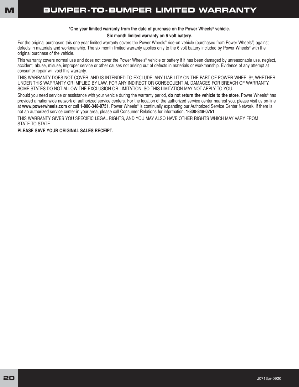 Bumper-to-bumper limited warranty | Fisher-Price JEEP LIL WRANGLER 4X4 J0713 User Manual | Page 20 / 24