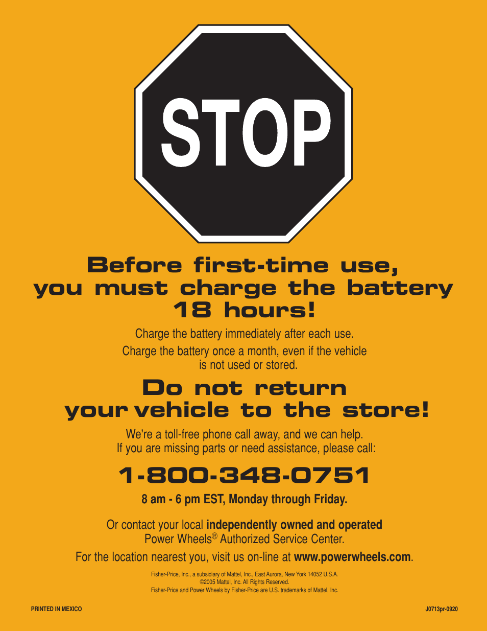 Do not return your vehicle to the store | Fisher-Price JEEP LIL WRANGLER 4X4 J0713 User Manual | Page 24 / 24
