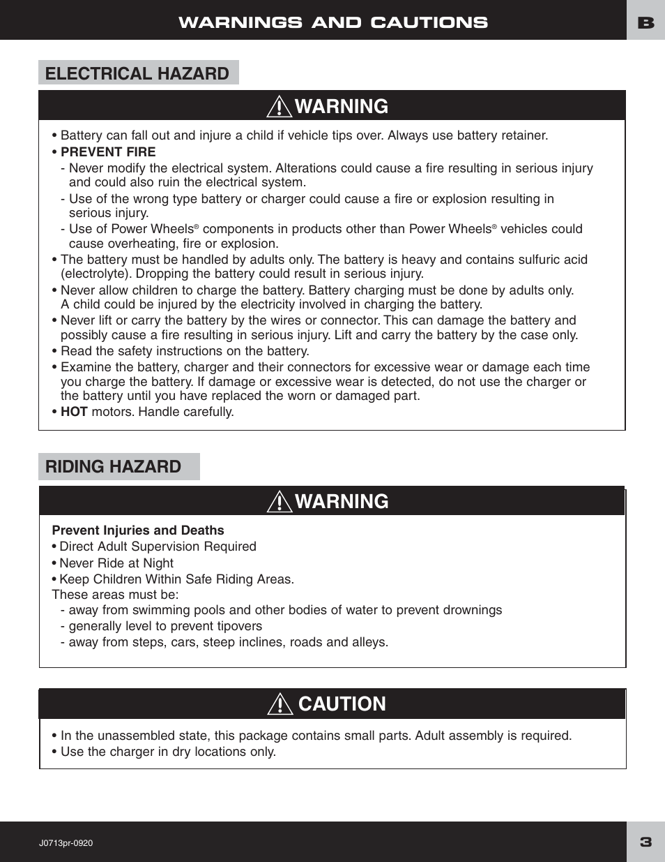 Warning caution, Warning, Electrical hazard | Riding hazard | Fisher-Price JEEP LIL WRANGLER 4X4 J0713 User Manual | Page 3 / 24