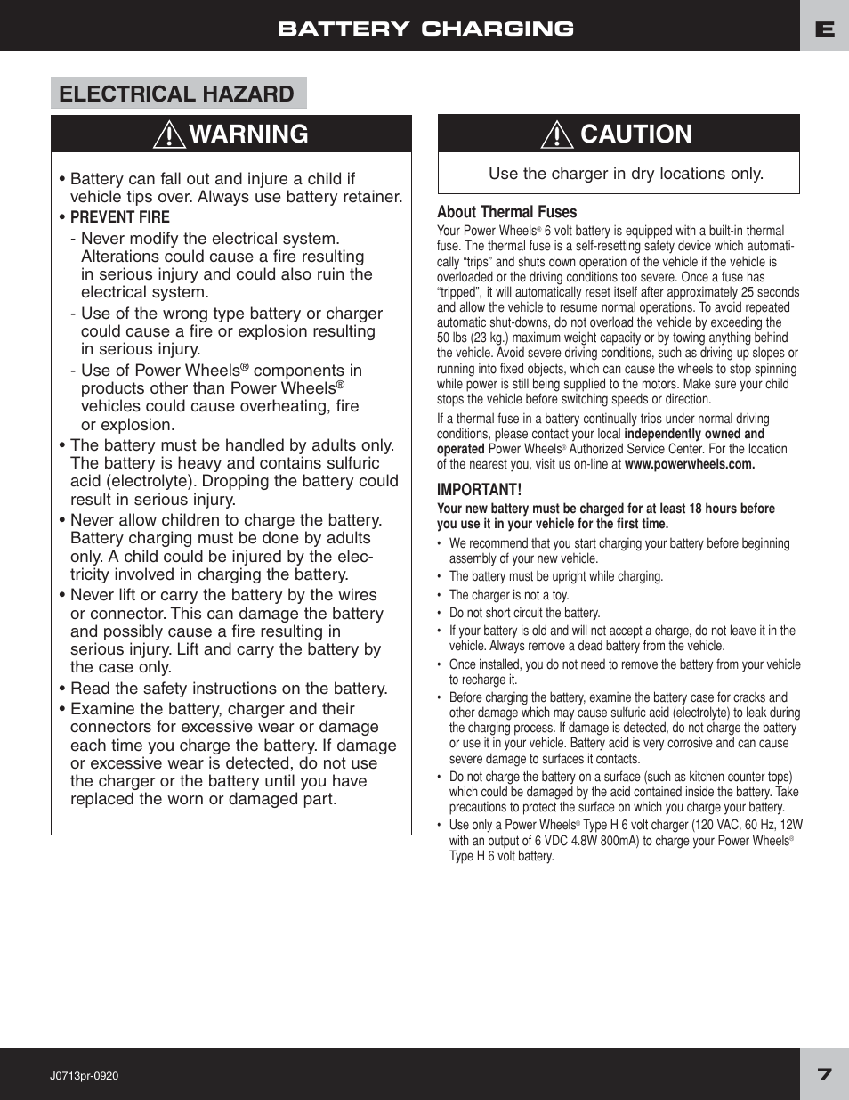 Warning, Caution, Electrical hazard | Battery charging | Fisher-Price JEEP LIL WRANGLER 4X4 J0713 User Manual | Page 7 / 24