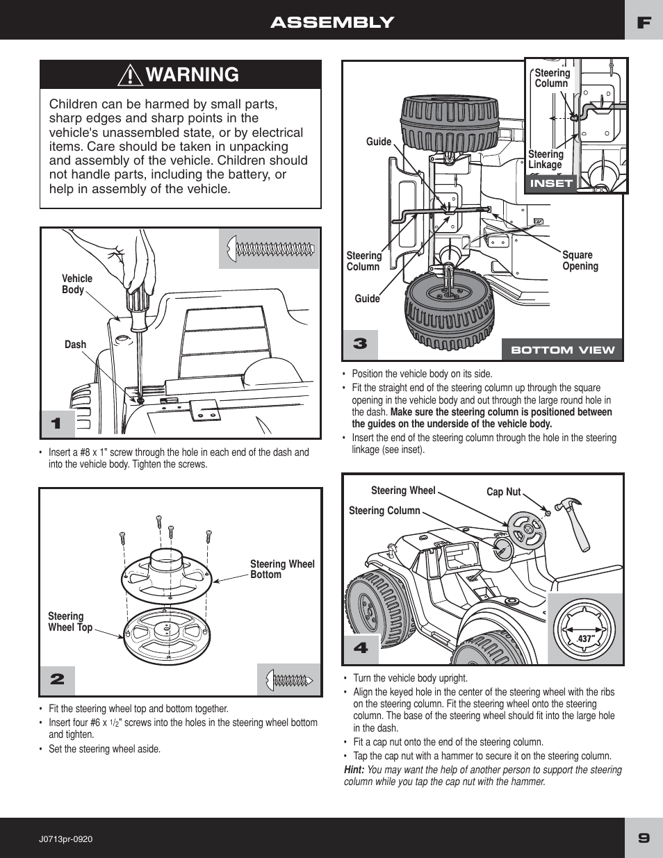 Warning, Assembly | Fisher-Price JEEP LIL WRANGLER 4X4 J0713 User Manual | Page 9 / 24