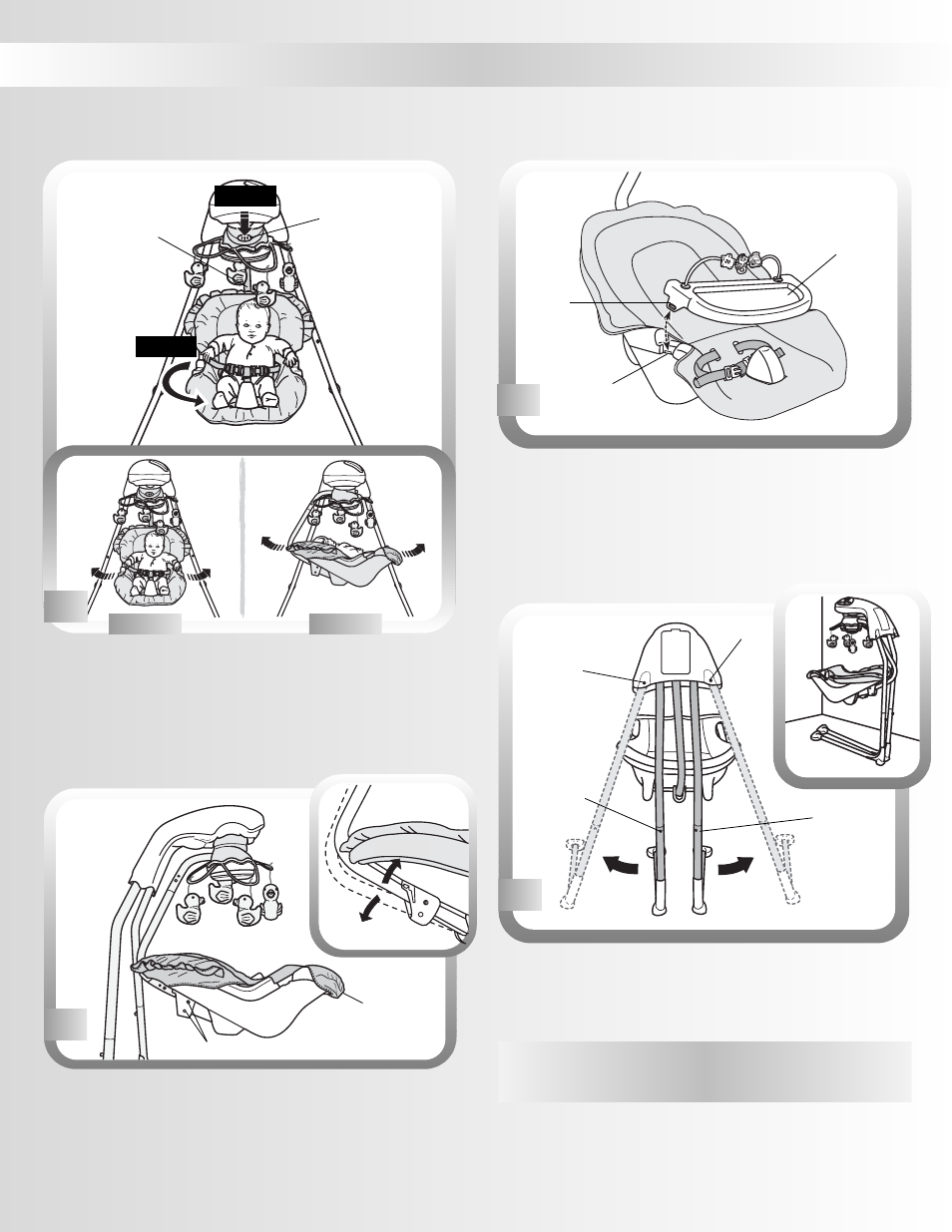 Swing and mobile use, Adjust seat to recline or upright, Adjust swing motion | Storage, Using the tray | Fisher-Price BO639 User Manual | Page 10 / 12
