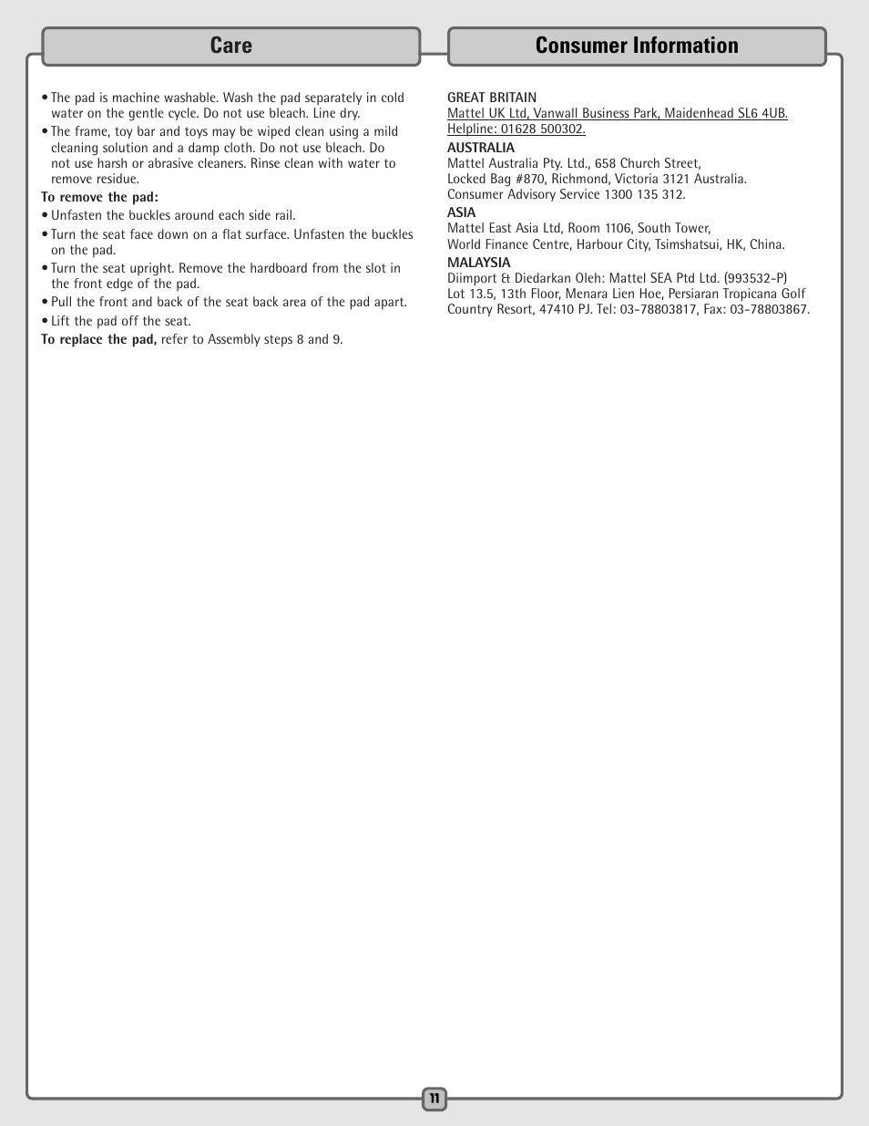 Care consumer information | Fisher-Price H5985 User Manual | Page 11 / 12