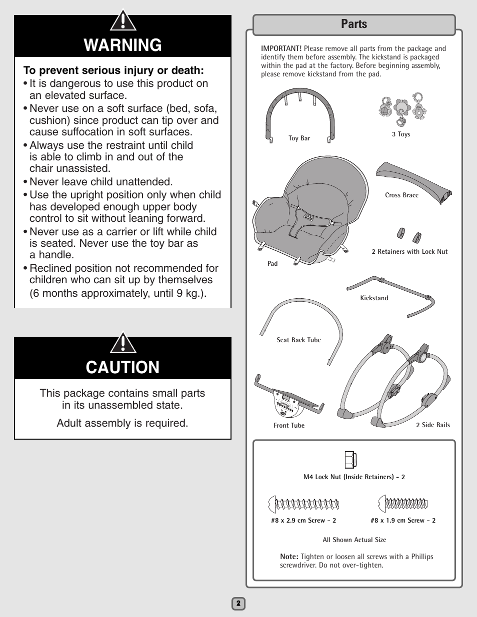 Warning, Caution, Parts | Fisher-Price H5985 User Manual | Page 2 / 12