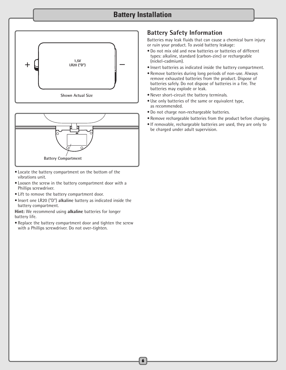 Battery installation, Battery safety information | Fisher-Price H5985 User Manual | Page 6 / 12