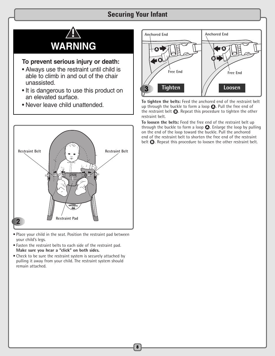 Warning, Securing your infant | Fisher-Price H5985 User Manual | Page 8 / 12