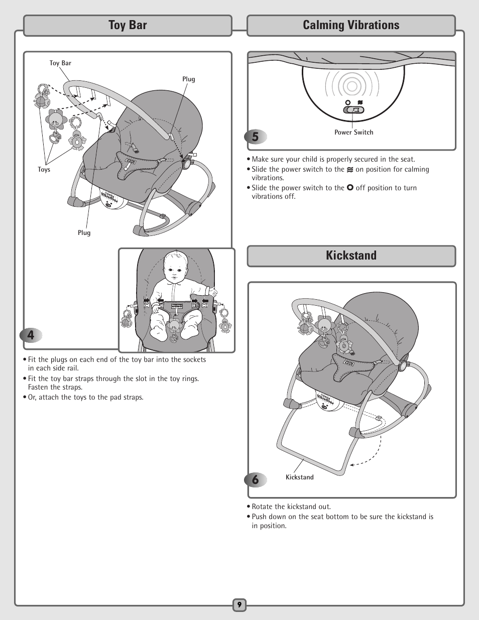 Toy bar, Calming vibrations 5, Kickstand 6 | Fisher-Price H5985 User Manual | Page 9 / 12