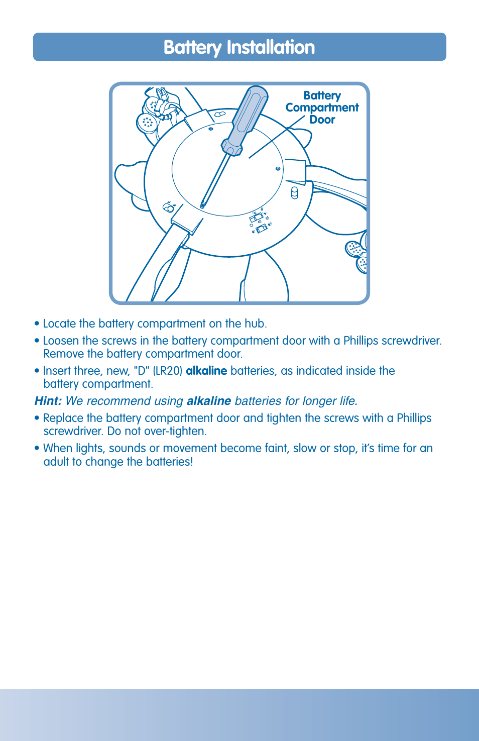 Battery installation | Fisher-Price H8102 User Manual | Page 5 / 10