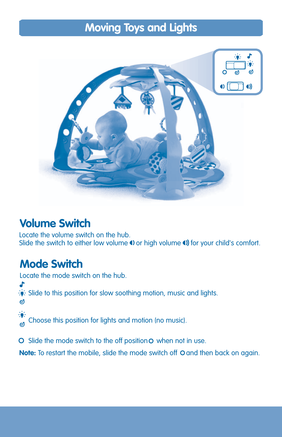 Moving toys and lights volume switch, Mode switch | Fisher-Price H8102 User Manual | Page 8 / 10