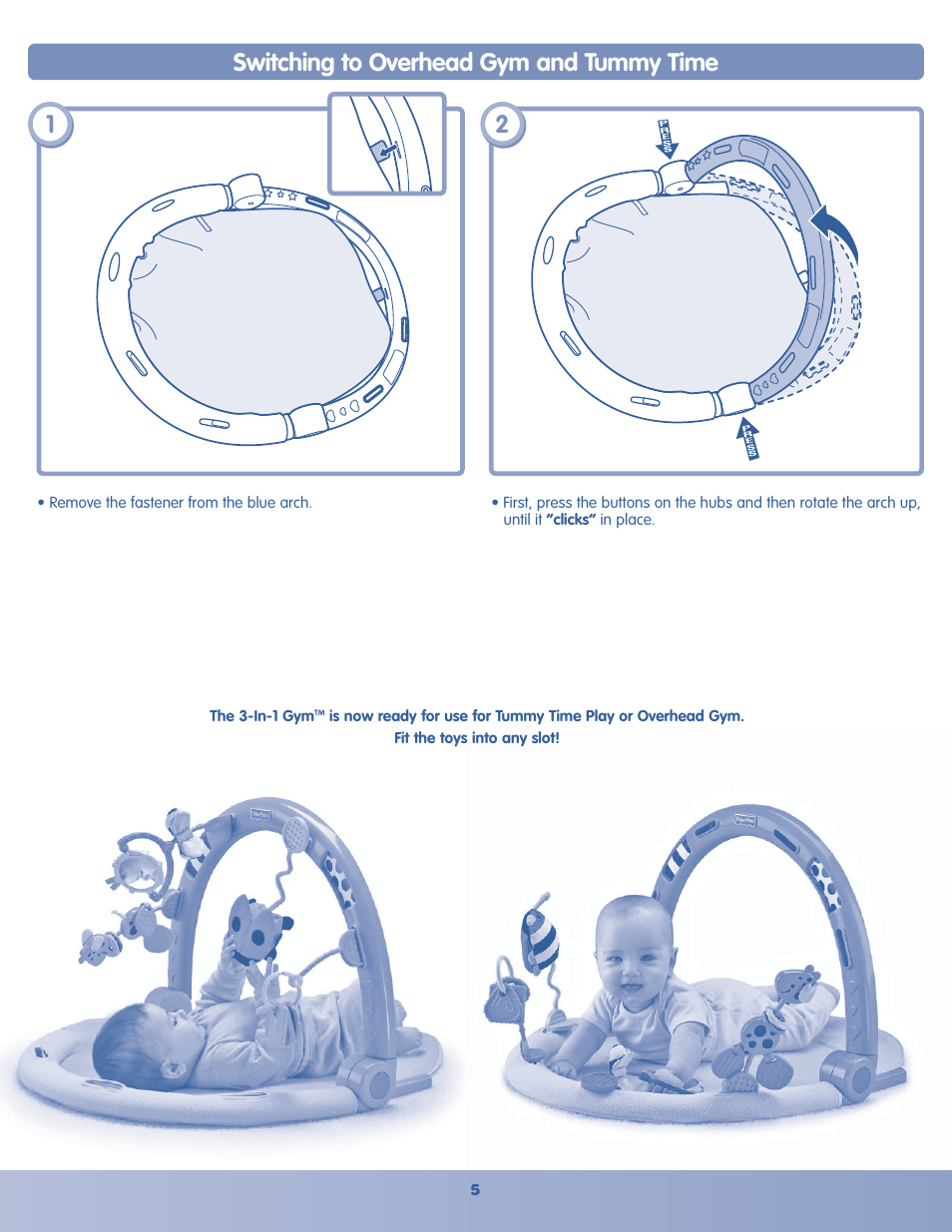 Switching to overhead gym and tummy time | Fisher-Price H8096 User Manual | Page 5 / 6