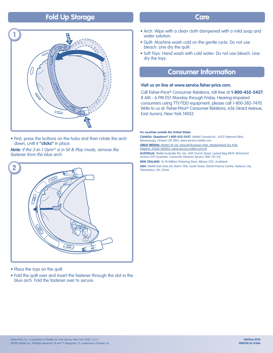 Consumer information care, Fold up storage | Fisher-Price H8096 User Manual | Page 6 / 6