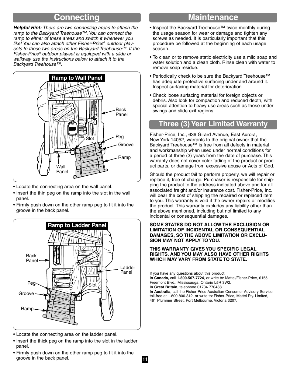 Connecting, Maintenance, Three (3) year limited warranty | Fisher-Price TREEHOUSE 75972 User Manual | Page 11 / 12