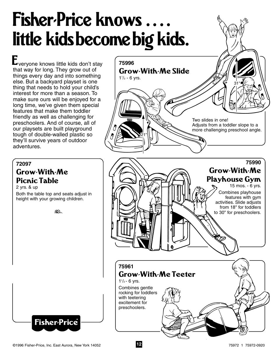 Grow-with-me teeter, Grow-with-me playhouse gym, Grow-with-me picnic table | Grow-with-me slide | Fisher-Price TREEHOUSE 75972 User Manual | Page 12 / 12