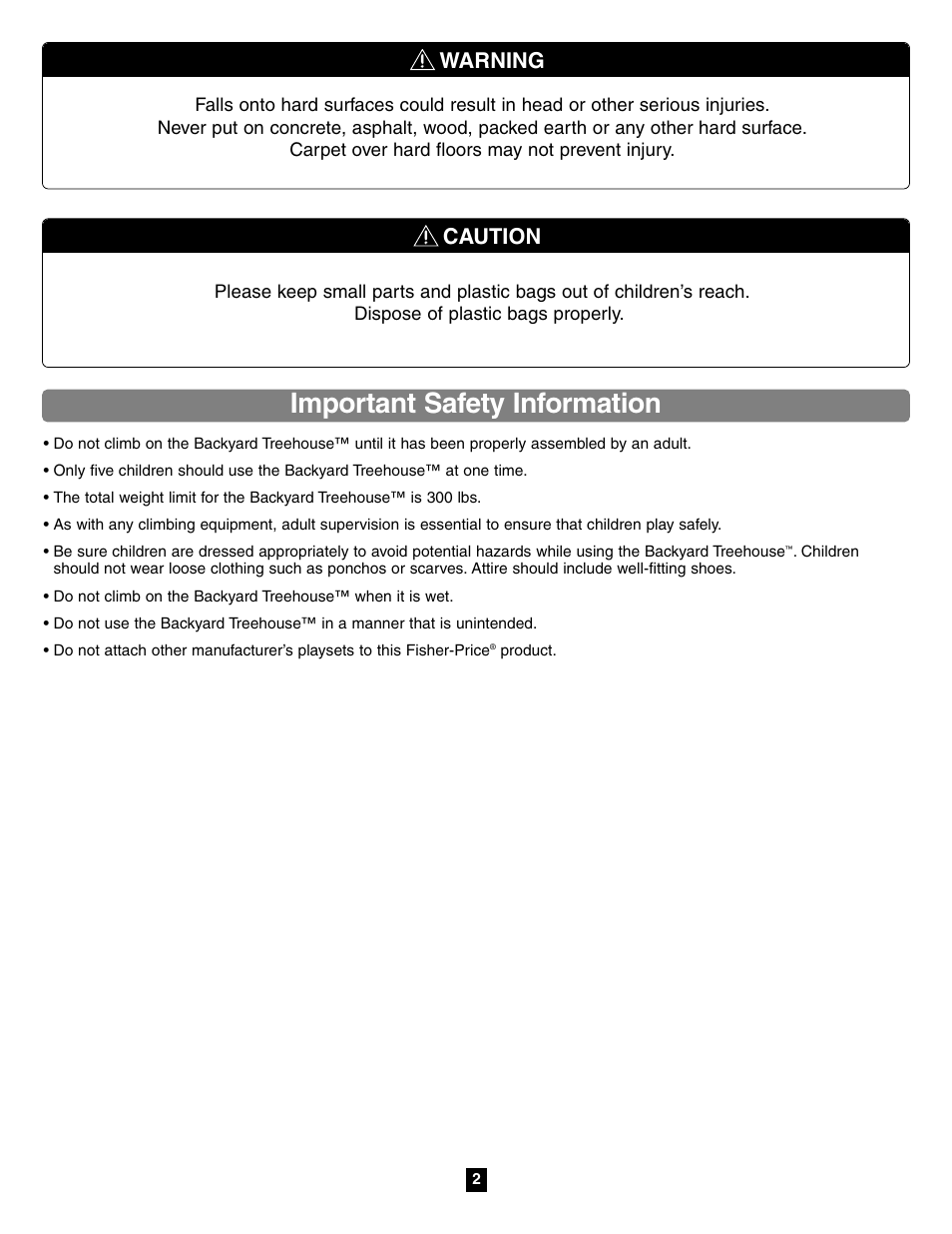 Important safety information, Warning, Caution | Fisher-Price TREEHOUSE 75972 User Manual | Page 2 / 12