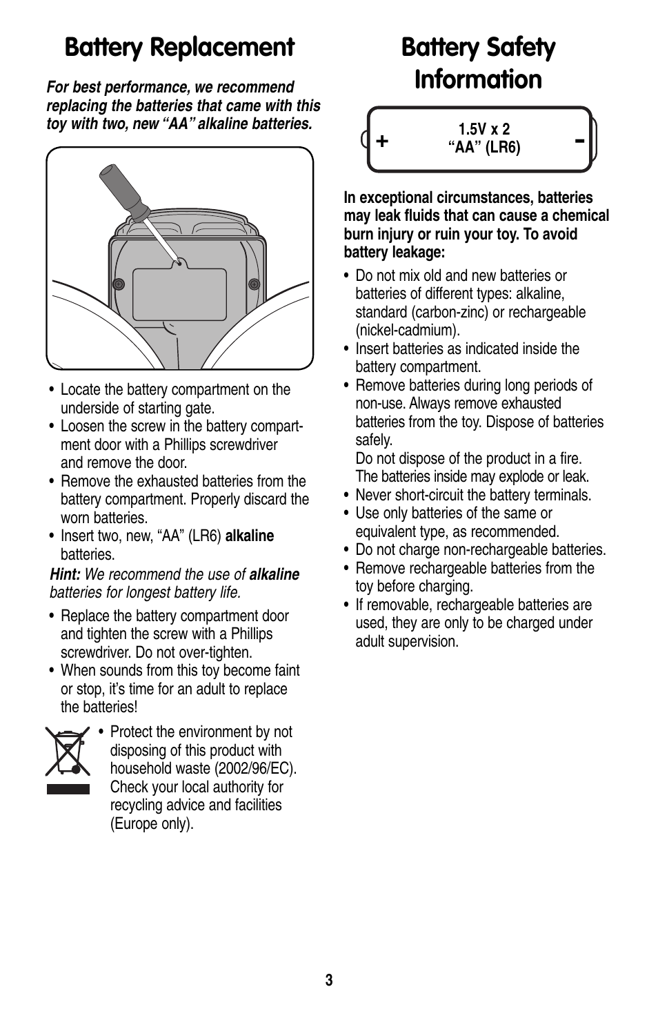 Battery replacement battery safety information | Fisher-Price TOODLERZ 77855 User Manual | Page 3 / 4