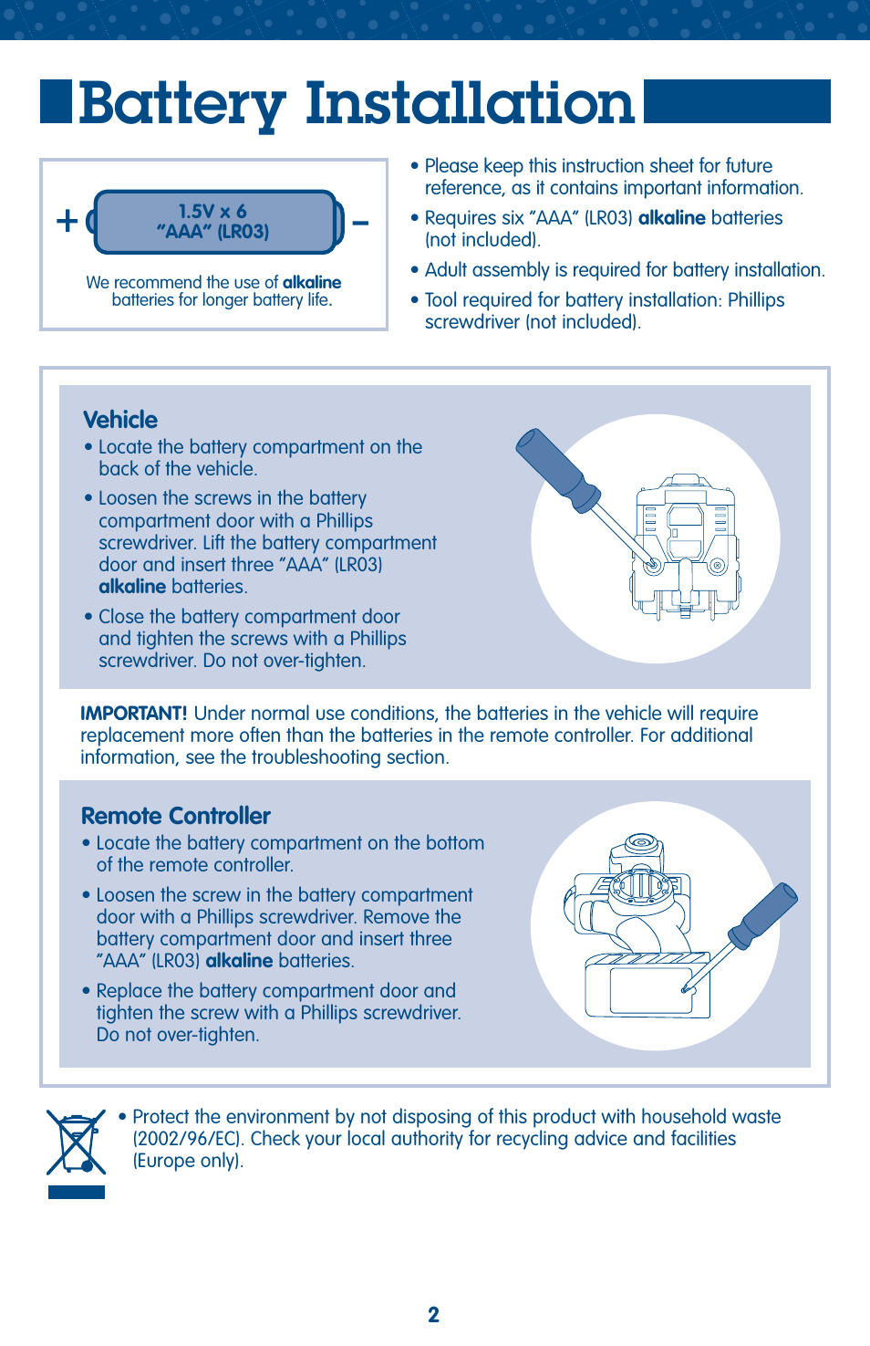 Battery installation | Fisher-Price L4800 User Manual | Page 2 / 6