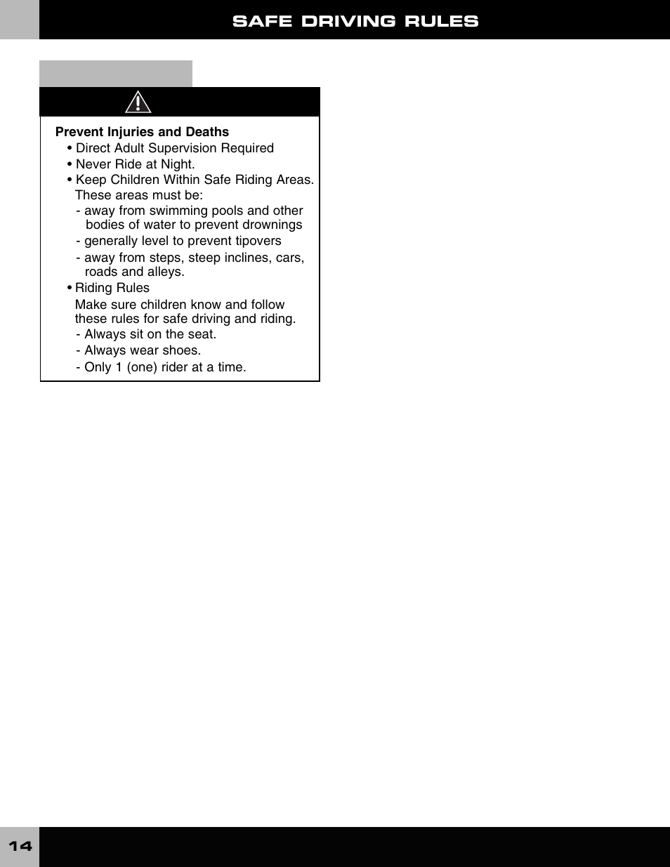 Warning, Riding hazard, Safe driving rules | Fisher-Price DALE EARNHARDT JR L6345 User Manual | Page 14 / 20