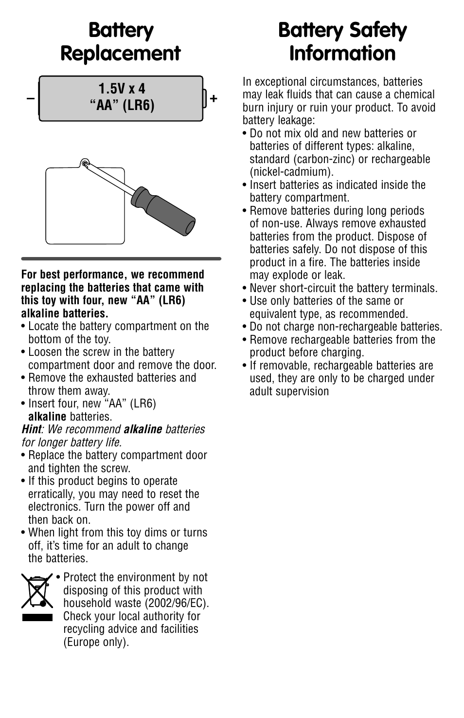 Battery replacement, Battery safety information | Fisher-Price R3931 User Manual | Page 2 / 4