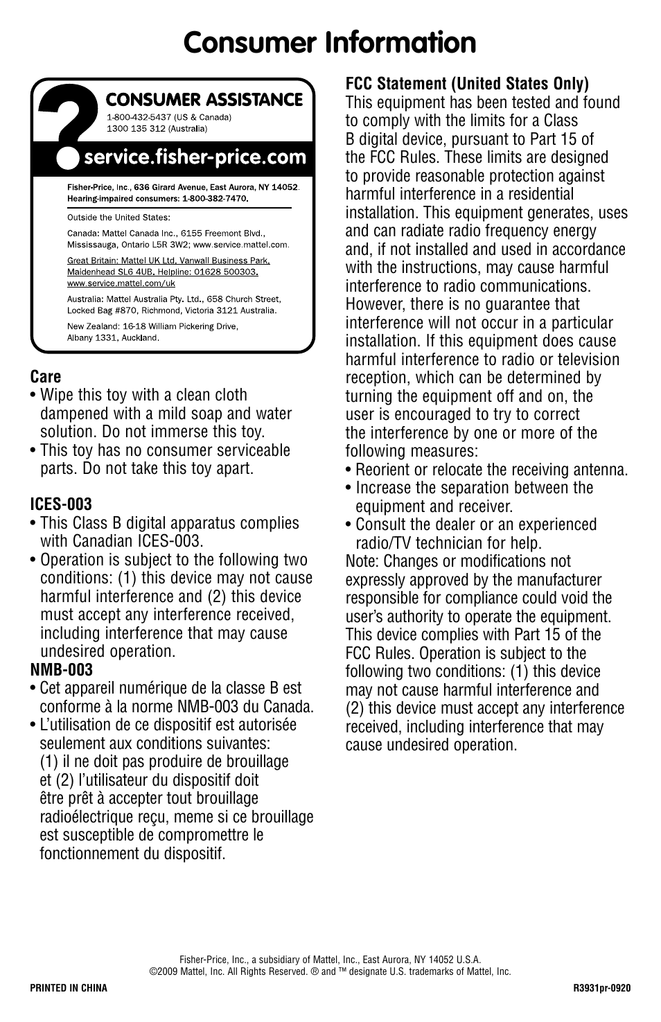 Consumer information | Fisher-Price R3931 User Manual | Page 4 / 4