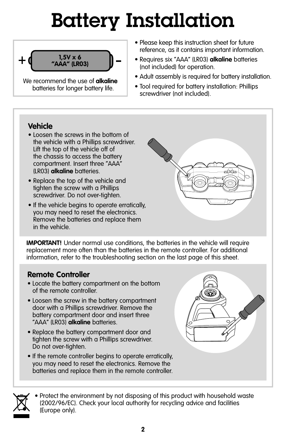 Battery installation | Fisher-Price GEOTRAX T7158 User Manual | Page 2 / 6