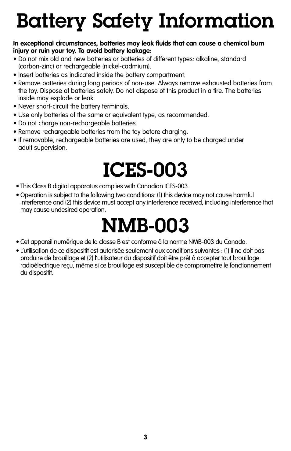 Battery safety information ices-003, Nmb-003 | Fisher-Price GEOTRAX T7158 User Manual | Page 3 / 6