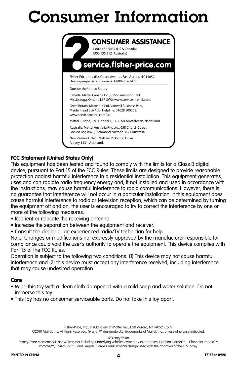 Consumer information, Consumer assistance | Fisher-Price GEOTRAX T7158 User Manual | Page 4 / 6