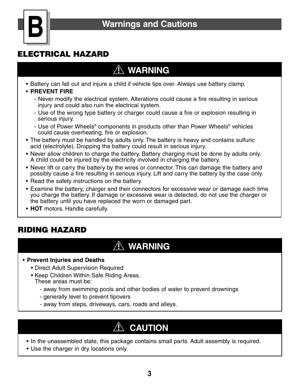 Caution warning warning, Warnings and cautions | Fisher-Price C2390 User Manual | Page 3 / 28