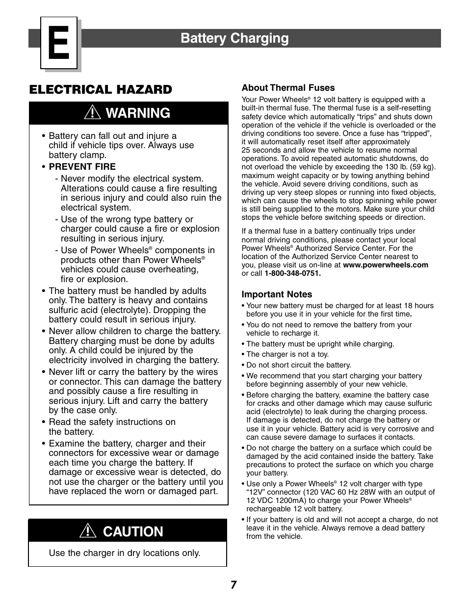 Caution, Warning, Battery charging | Electrical hazard | Fisher-Price C2390 User Manual | Page 7 / 28