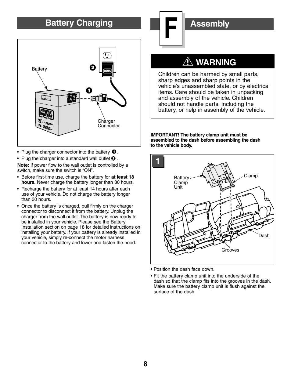 Warning, Battery charging, Assembly | Fisher-Price C2390 User Manual | Page 8 / 28