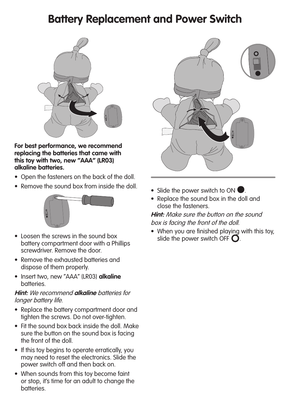 Battery replacement and power switch | Fisher-Price V6939 User Manual | Page 2 / 4