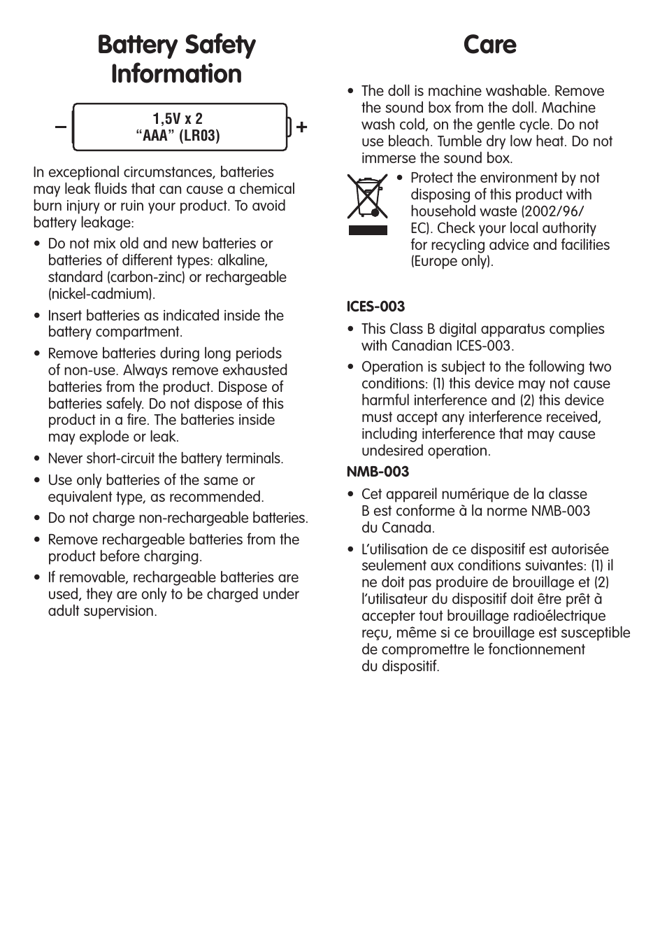 Battery safety information care | Fisher-Price V6939 User Manual | Page 3 / 4