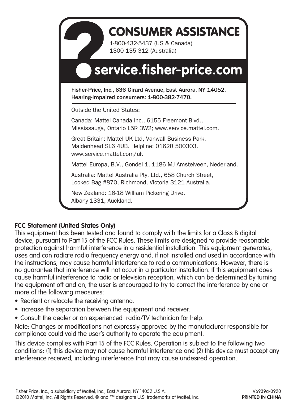 Fisher-Price V6939 User Manual | Page 4 / 4