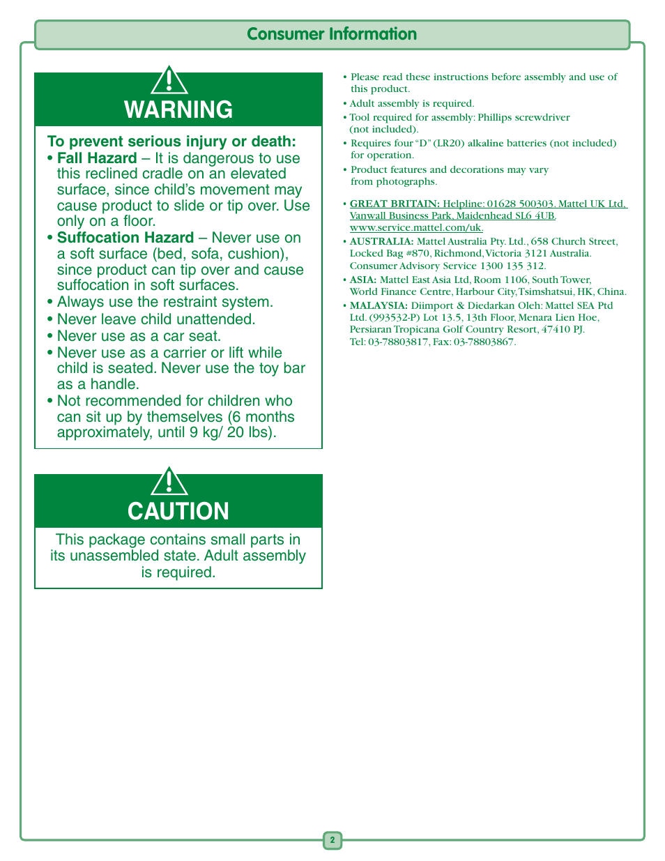 Warning caution, Consumer information | Fisher-Price K2566 User Manual | Page 2 / 8