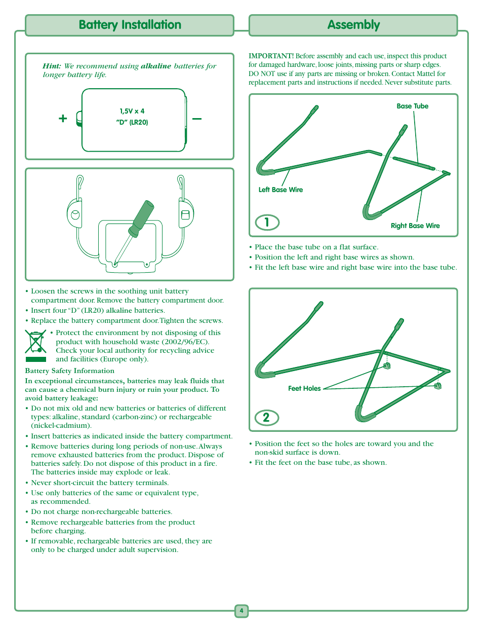 Battery installation, Assembly | Fisher-Price K2566 User Manual | Page 4 / 8