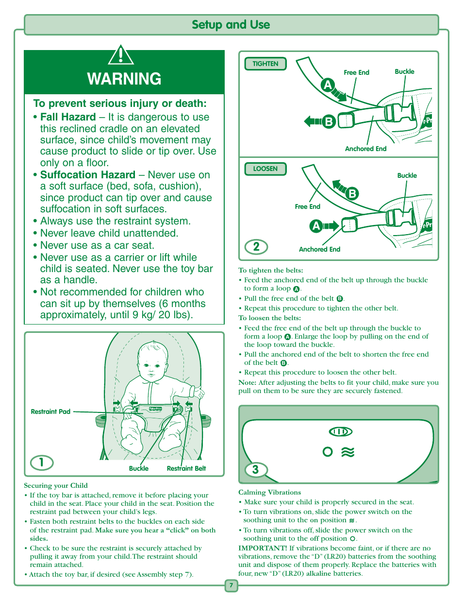 Warning, Setup and use | Fisher-Price K2566 User Manual | Page 7 / 8