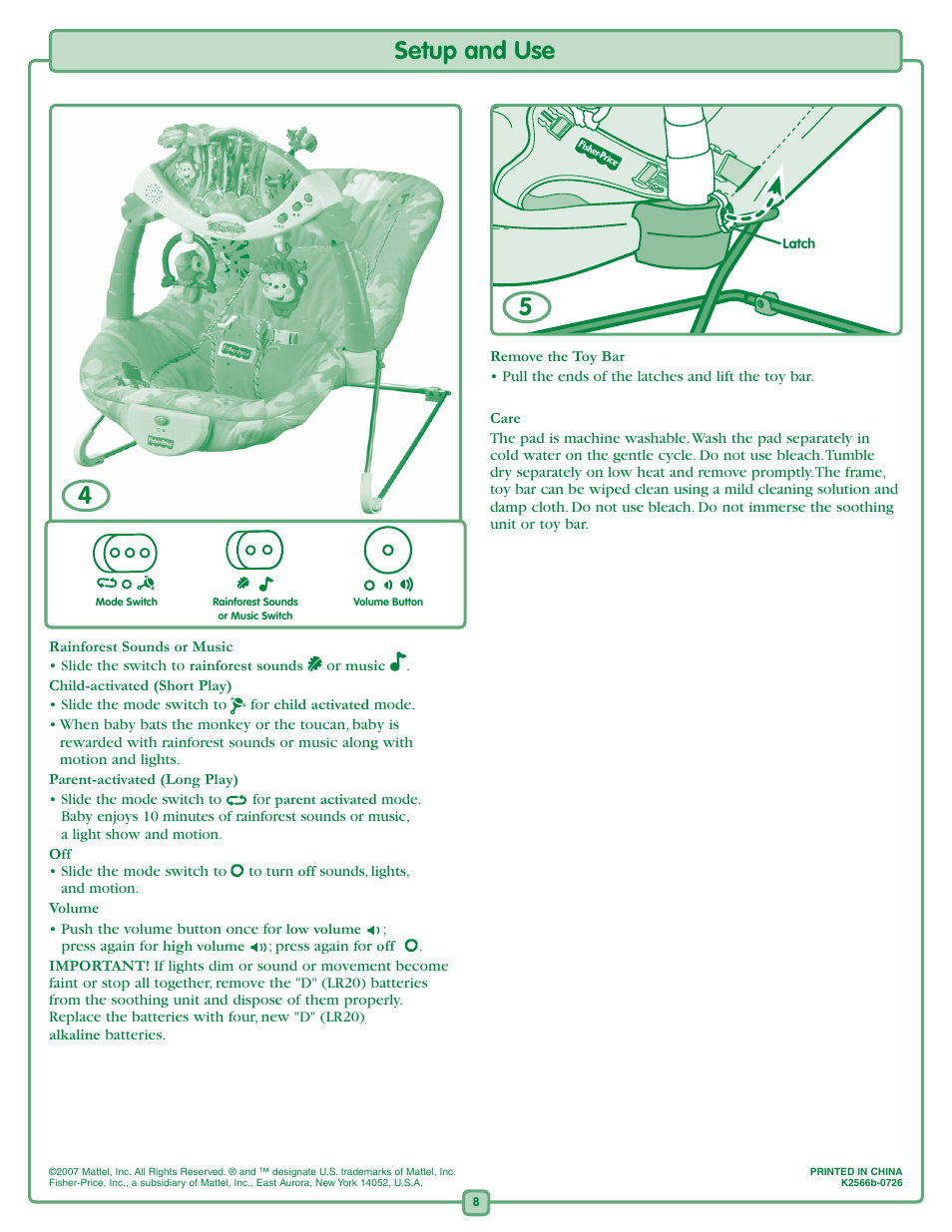Setup and use | Fisher-Price K2566 User Manual | Page 8 / 8