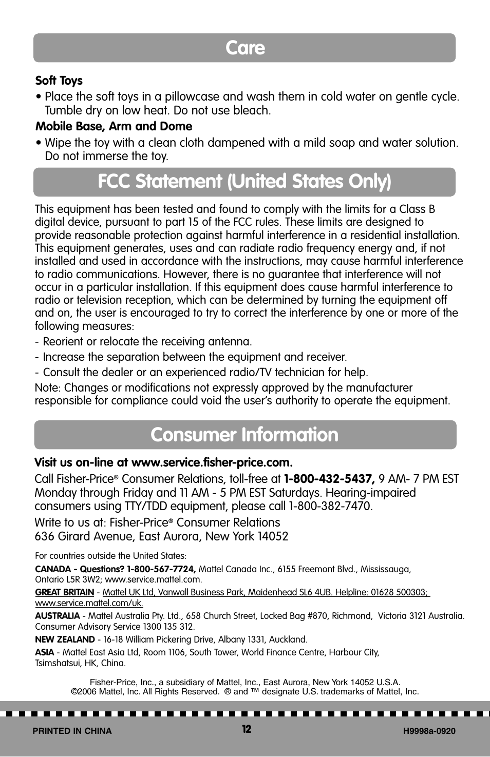 Care, Fcc statement (united states only), Consumer information | Fisher-Price MIRACLES&MILESTONE H9998 User Manual | Page 12 / 12