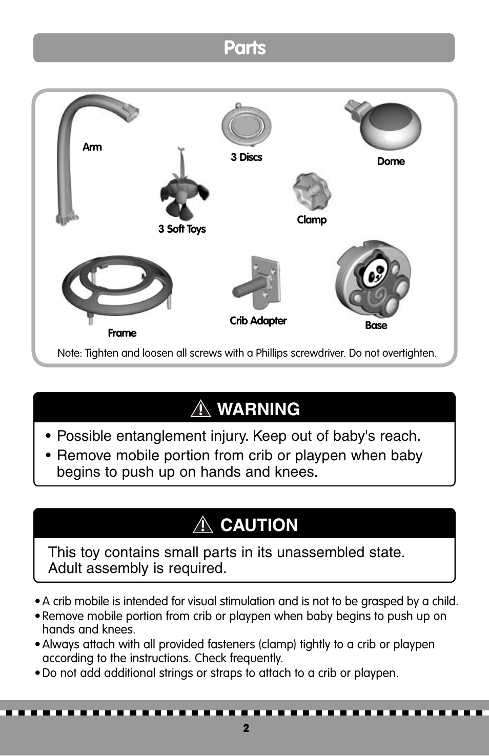 Parts, Warning, Caution | Fisher-Price MIRACLES&MILESTONE H9998 User Manual | Page 2 / 12