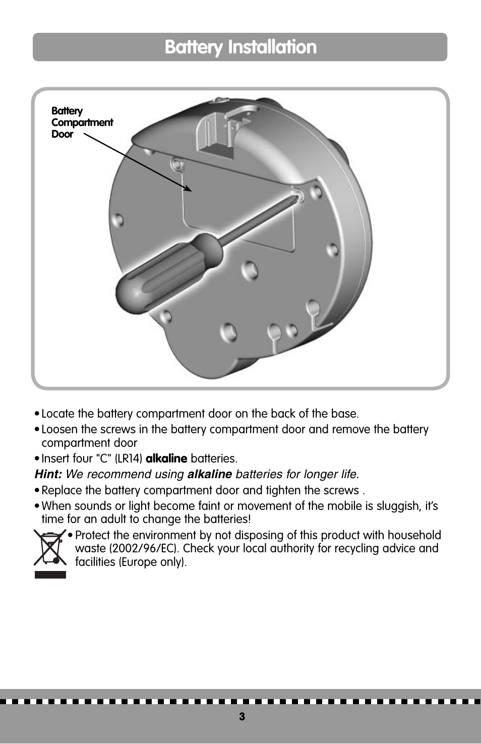 Battery installation | Fisher-Price MIRACLES&MILESTONE H9998 User Manual | Page 3 / 12