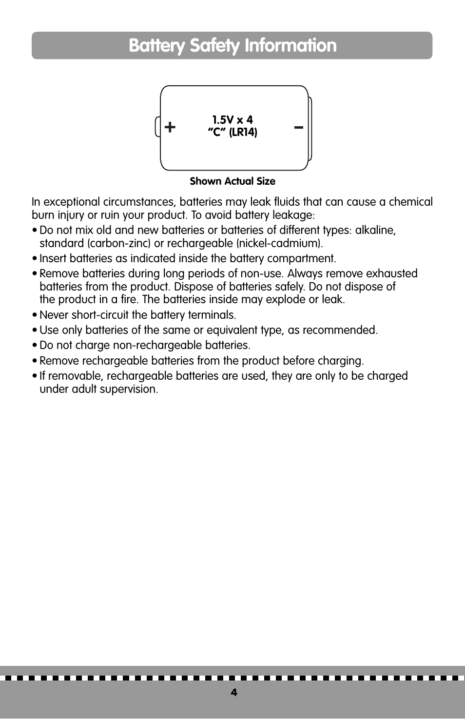 Battery safety information | Fisher-Price MIRACLES&MILESTONE H9998 User Manual | Page 4 / 12