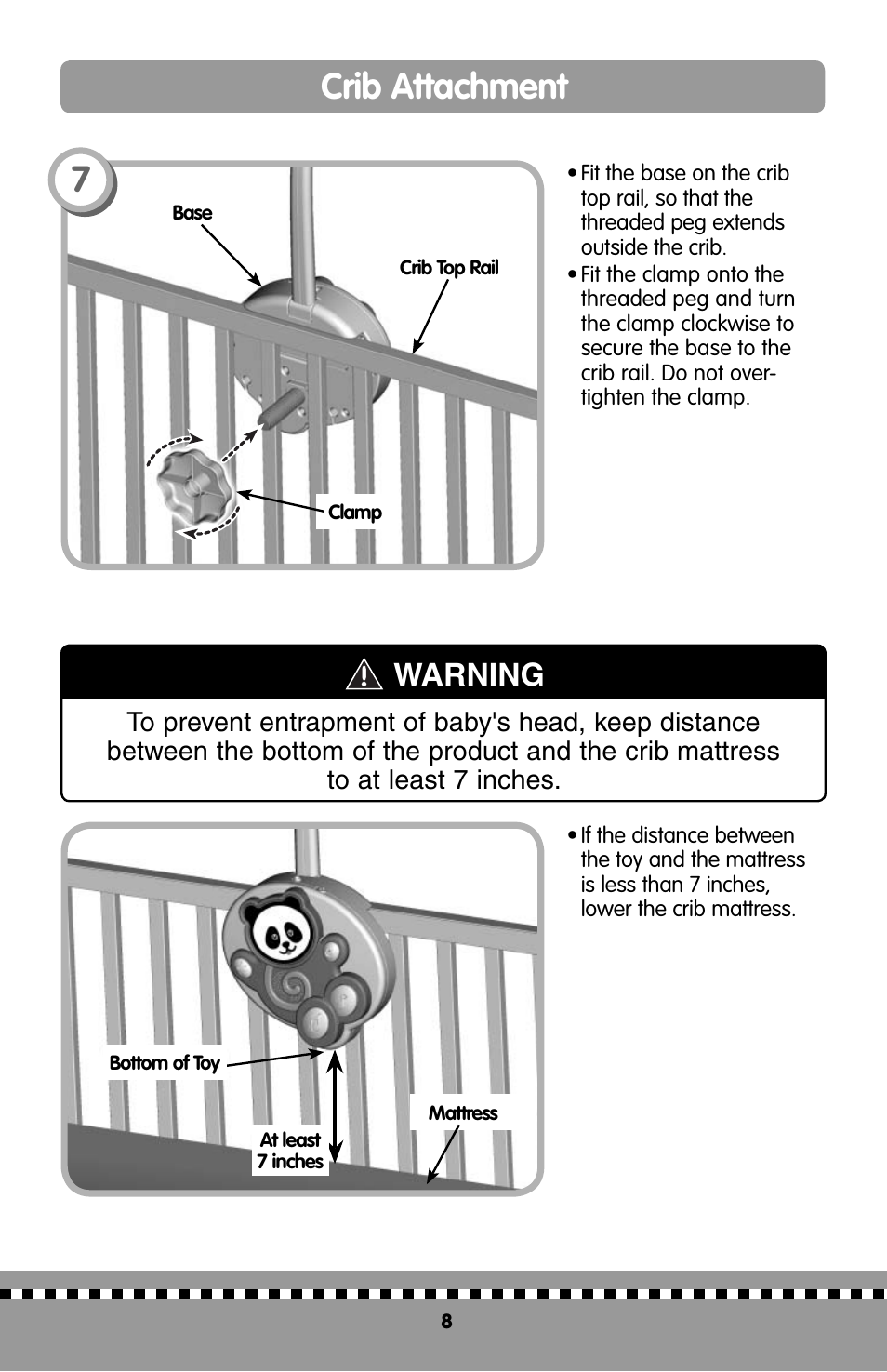 Crib attachment, Warning | Fisher-Price MIRACLES&MILESTONE H9998 User Manual | Page 8 / 12