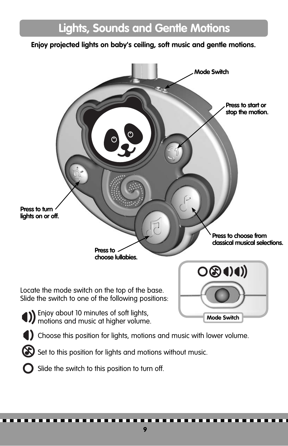 Lights, sounds and gentle motions | Fisher-Price MIRACLES&MILESTONE H9998 User Manual | Page 9 / 12