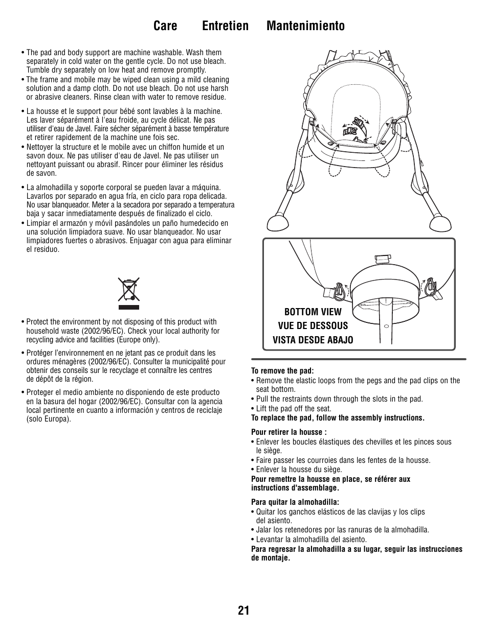 Care entretien mantenimiento | Fisher-Price T1456 User Manual | Page 21 / 24